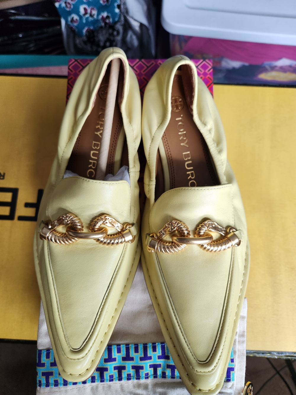 Tory Burch Lemon Leather Chain-Trim Loafers